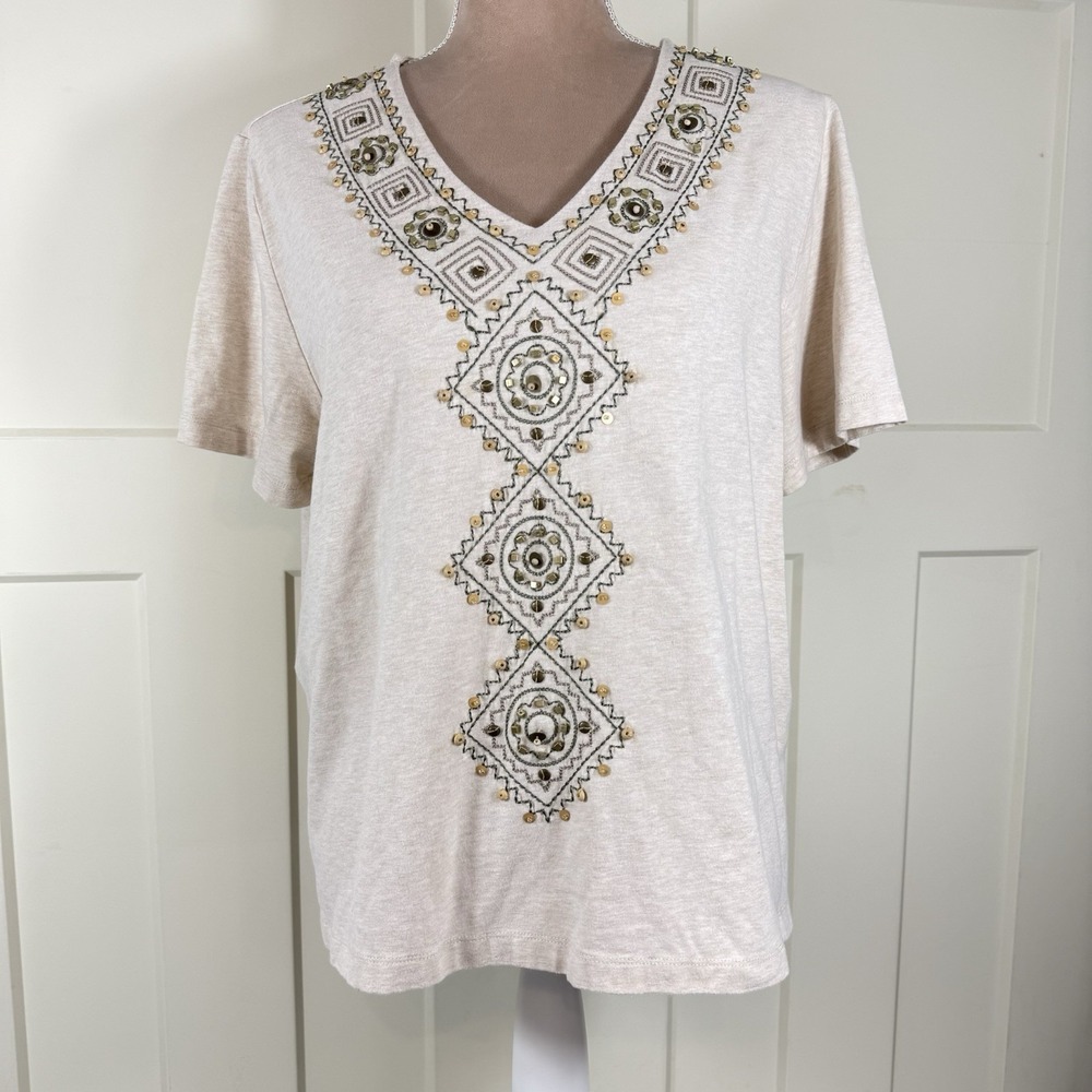 Alfred Dunner Petite Women's PXL Embroidered Beige Short Sleeve V-Neck Top Aztec